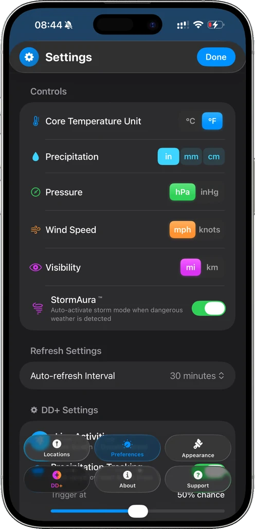 Settings screen with unit choices for temperature, precipitation, pressure and wind