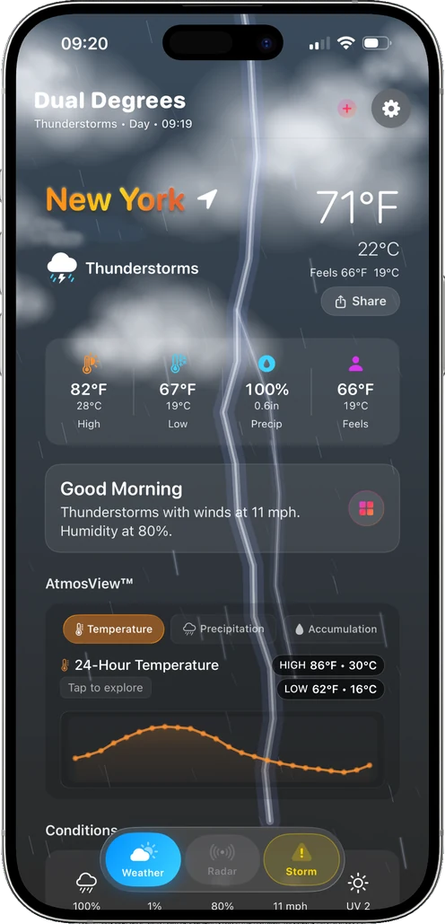 Main screen with thunderstorm weather effects